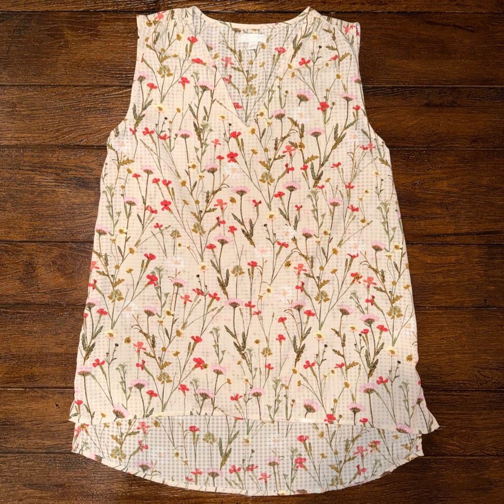 14th & Union Womens Wildflower Floral Gingham V-Neck Sleeveless Blouse Tan S